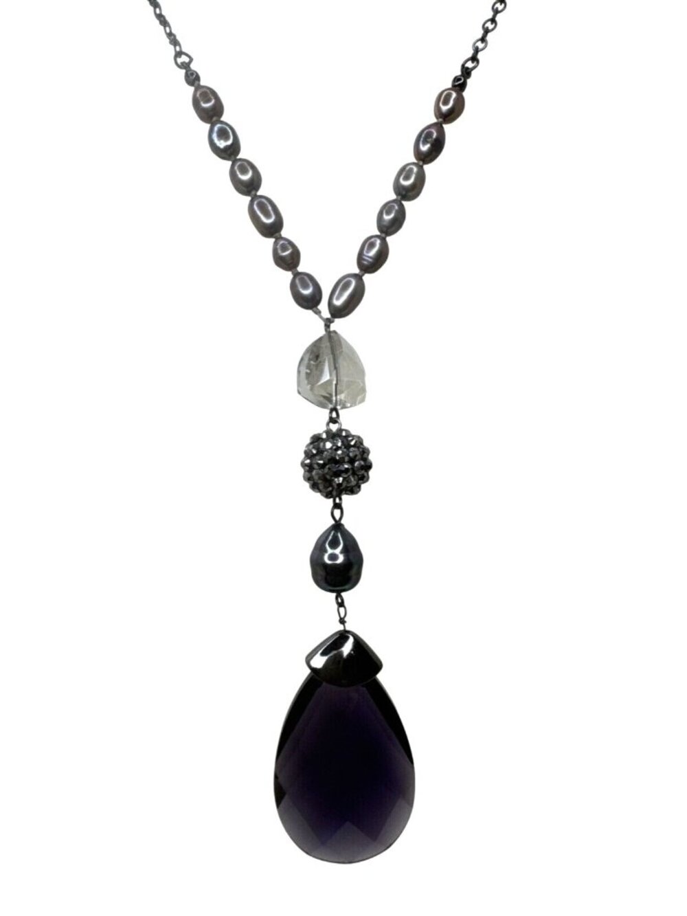 Chico’s Gunmetal Chain Purple Teardrop Pendant Necklace With Pearls & Gemstones